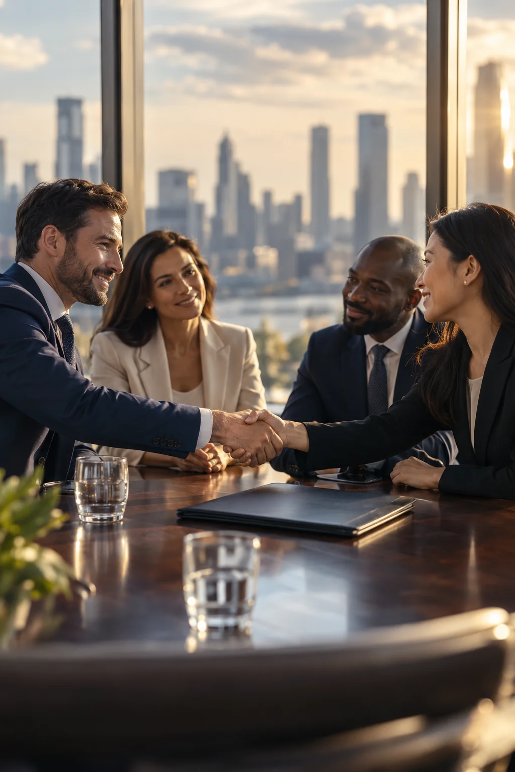 Business professionals shaking hands across a conference table